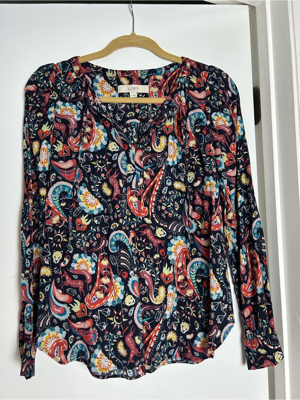 LOFT Black Multi Paisley V-Neck Long Sleeve Top